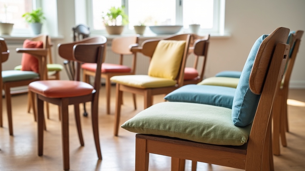 A collection of colorful seat cushions arranged on a variety of different chairs, including wooden, office, and dining chairs, in a bright and inviting room.