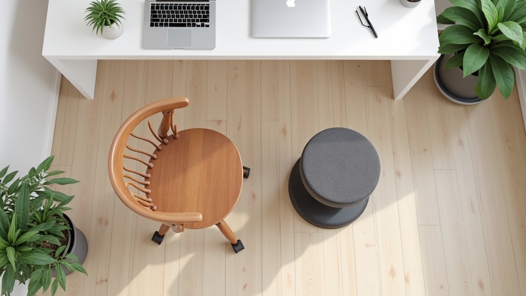 ergonomic office chair alternatives: wooden kneeling chair and modern adjustable stool next to a minimalist desk