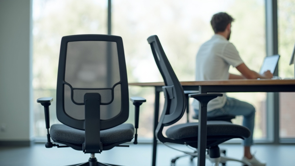 Close-up of memory foam and mesh ergonomic office chairs side by side in a modern workspace