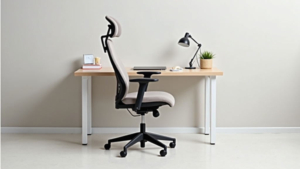 Ergonomic swivel chair with headrest for tall users - high-backed chair with adjustable armrests, large seat, and sturdy base. Modern workspace setup with accessories.