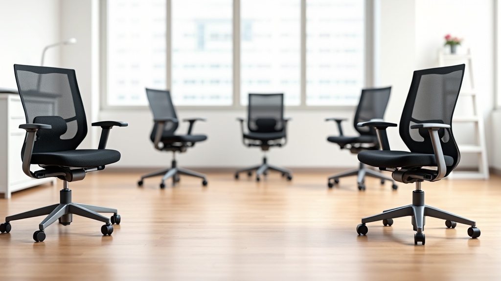 Lightweight ergonomic office chairs lined up in a minimalist workspace