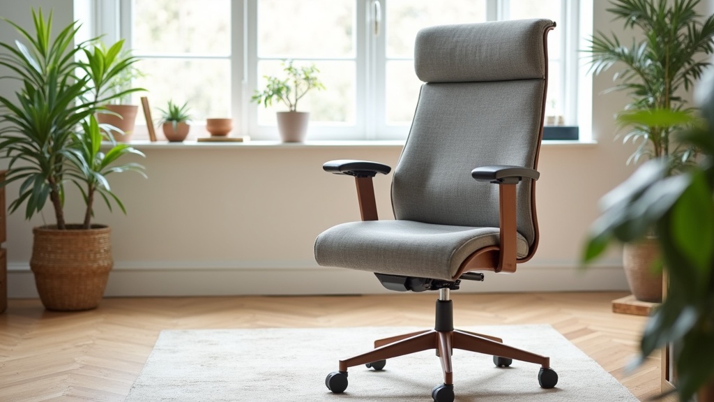 A modern ergonomic criss cross chair in a bright home office, with a plant and a laptop nearby.